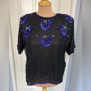Vtg Avalon Silk Blouse Black Beaded Sequins Lined‎ Large Old Money 80s Cocktail